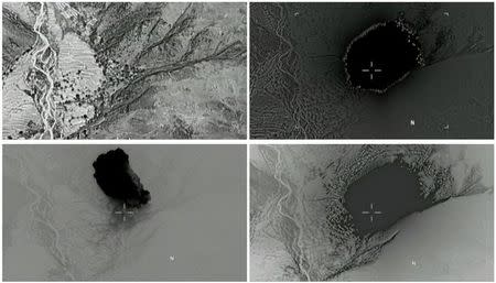 A combination of still images taken from a video released by the U.S. Department of Defense on April 14, 2017 shows (clockwise) the explosion of a MOAB, or "mother of all bombs", when it struck the Achin district of the eastern province of Nangarhar, Afghanistan, bordering Pakistan where U.S. officials said a network of tunnels and caves was being used by militants linked to Islamic State. U.S. Department of Defense/Handout via REUTERS