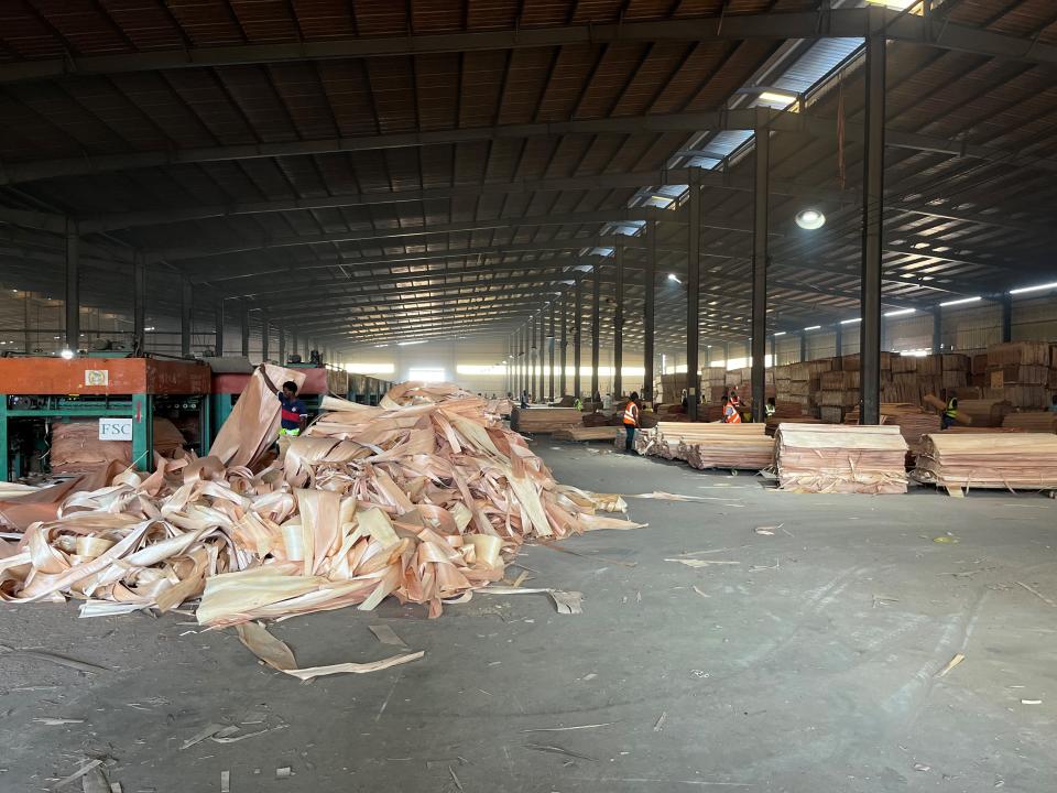 A Chinese factory making veneers from wood in Gabon (Emily Beament/PA)