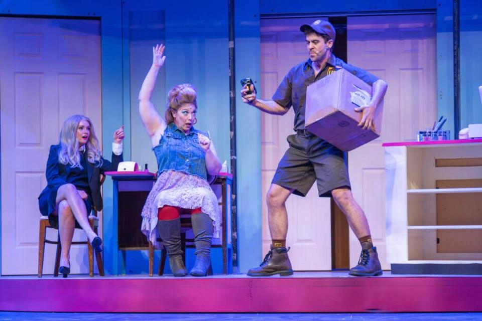 Becca Andrews as Elle Woods watches as Heather Jane Rolff’s Paulette sees something she likes in Diego Klock-Pérez as Kyle the UPS guy in “Legally Blonde the Musical.”