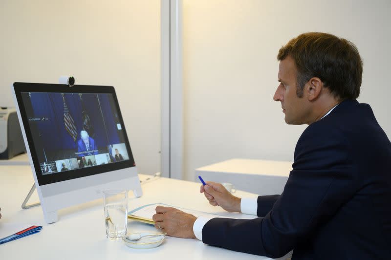 French President Emmanuel Macron attends a donor teleconference with other world leaders, in Bormes-les-Mimosas