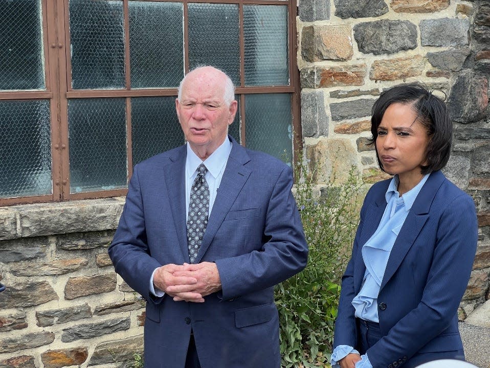 U.S. Sen. Ben Cardin, D-Md., speaks to reporters after a tour of the an old armory site in Pikesville, Maryland on June 17, 2024. The senator, who is not seeking reelection, reiterated his endorsement on Monday of County Executive Alsobrooks, right, as his successor.