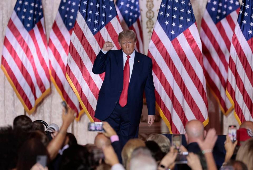 Former President Donald Trump pumps his fist as he reacts to the crowd after announcing his bid for the U.S. Presidency from his Mar-a-Lago club in Palm Beach, Florida on Nov. 15, 2022.