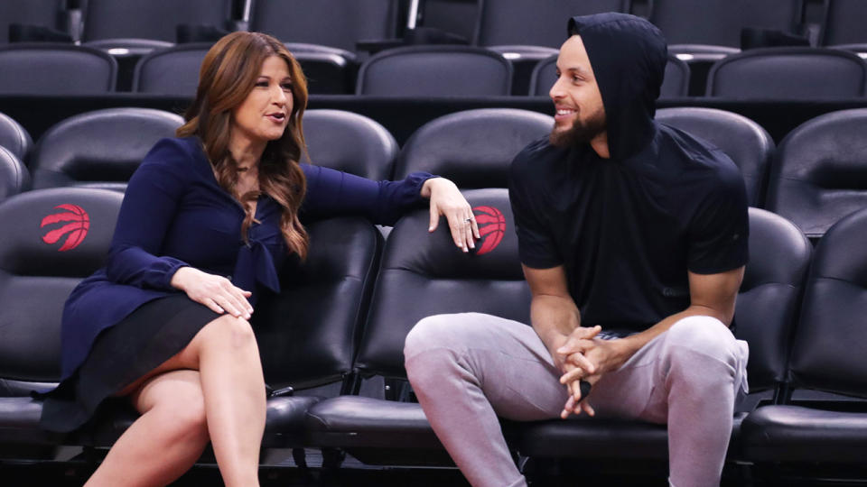 ESPN reporter Rachel Nichols speaks to Steph Curry during a media session for the 2019 NBA Finals. (Photo by Nathaniel S. Butler/NBAE via Getty Images)