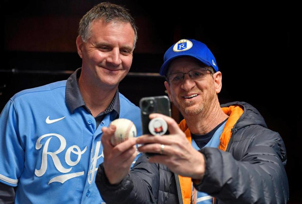 During Saturday’s Royals Rally at Kauffman Stadium on Feb. 4, 2023, manager Matt Quatraro, left, posed for a picture with Tom Ink, of Stilwell, in the team’s clubhouse. The event took the place of Fan Fest and served as a send-off to Spring Training in Arizona.