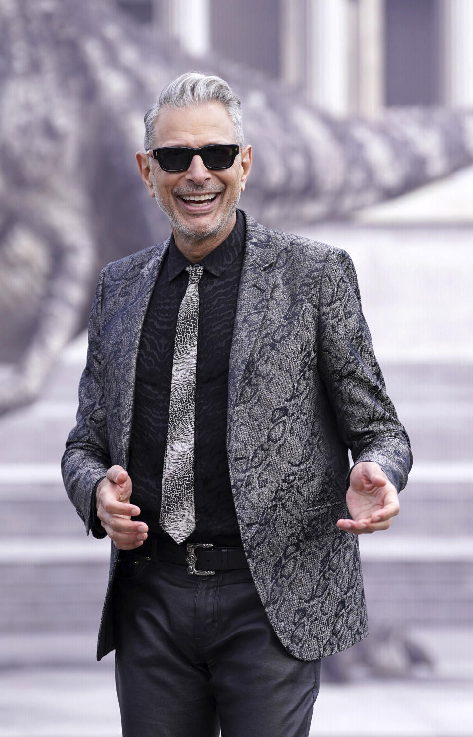 Actor Jeff Goldblum attends a photocall for the movie Jurassic World Dominion at Trafalgar Square, London, Friday, May 27, 2022. (Ian West/PA via AP)