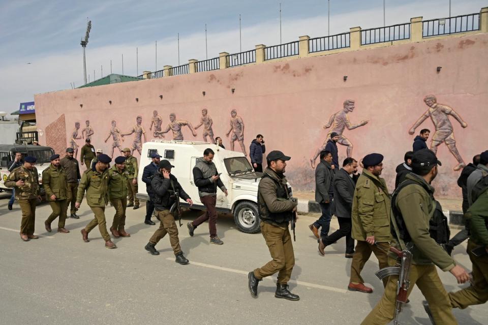 Indian security personnel patrol near the venue where India's Prime Minister Narendra Modi is scheduled to address (AFP via Getty Images)