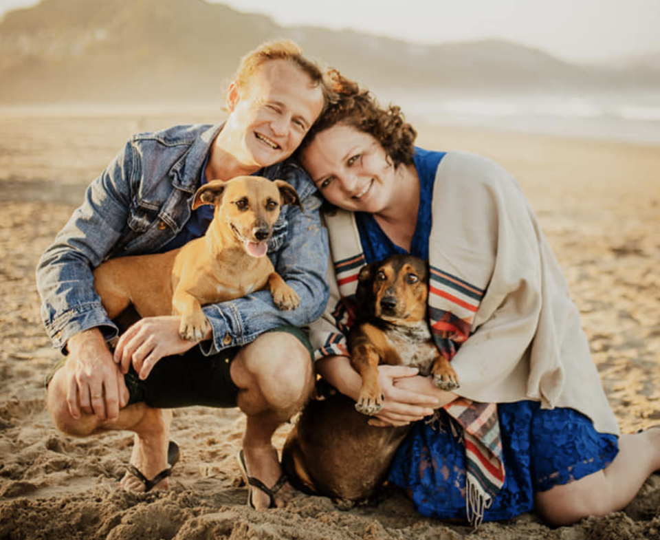 Robert Frauenstein, 38, pictured with fiancee Jana Hiles and two dogs.