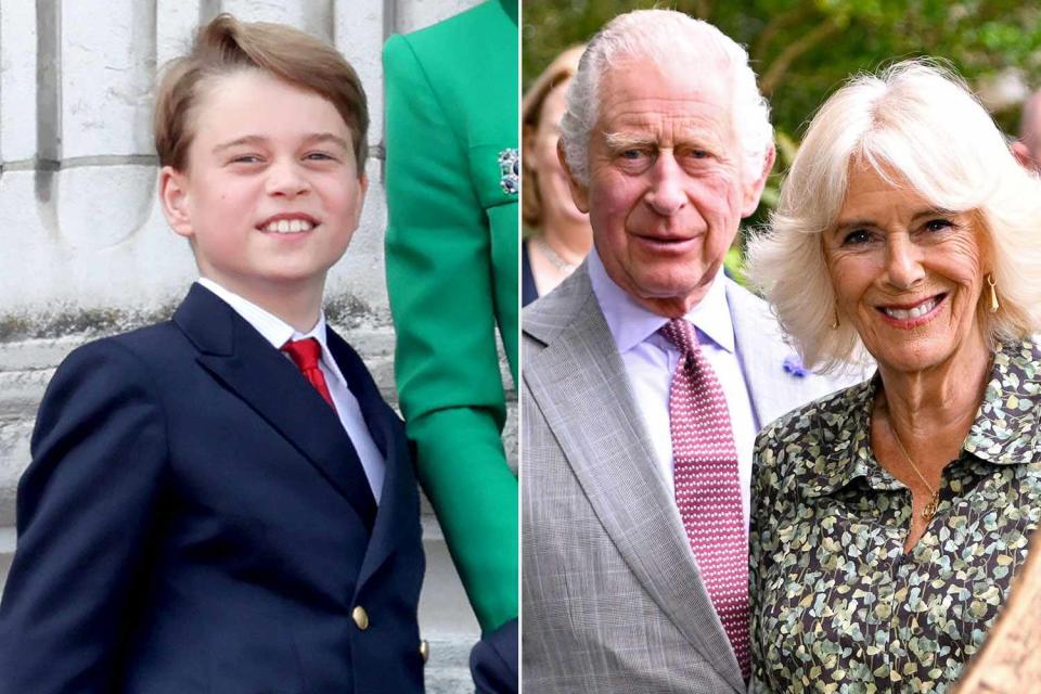 <p>getty (2)</p> Prince George at Trooping the Colour 2023; King Charles and Queen Camilla smile.