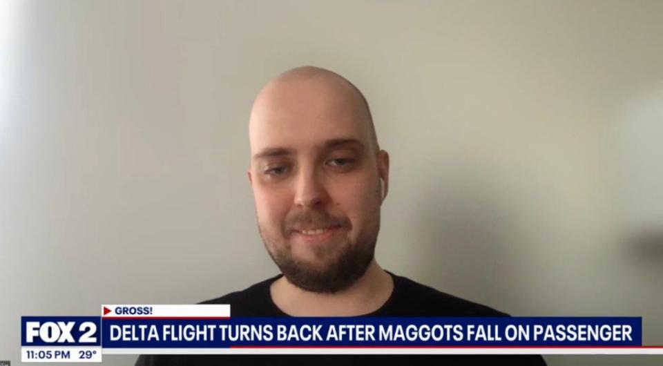 Philip Schotte, a passenger on the flight from hell, said a woman was “freaking out” when the maggots landed on her. Fox13