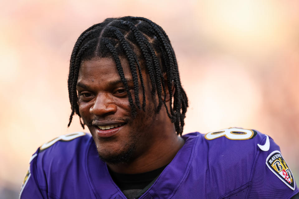 BALTIMORE, MD - NOVEMBER 05: Lamar Jackson #8 of the Baltimore Ravens reacts during the second half against the Seattle Seahawks at M&T Bank Stadium on November 5, 2023 in Baltimore, Maryland. (Photo by Scott Taetsch/Getty Images)