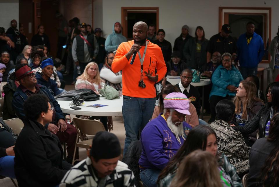 Lance Williams, a parent from Des Moines, speaks during a town hall meeting for youth and families on Monday, Feb. 13, 2023, at the Masonic Lodge on Sixth Avenue in Des Moines.