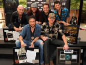 Eli Young Band -- Vocal Group of the Year Nomination <p><br> Front Row: Songwriter Will Hoge (BMI) and Songwriter Eric Paslay (ASCAP) are honored for there #1 hit "Even if it breaks your heart" recorded by Republic Nashville recording artists Eli Young Band: Jon Jones, James Young, Mike Eli and Chris Thompson at the CMA offices on August 20, 2012 in Nashville, Tennessee. (Photo by Rick Diamond/Getty Images for BMI)</p>