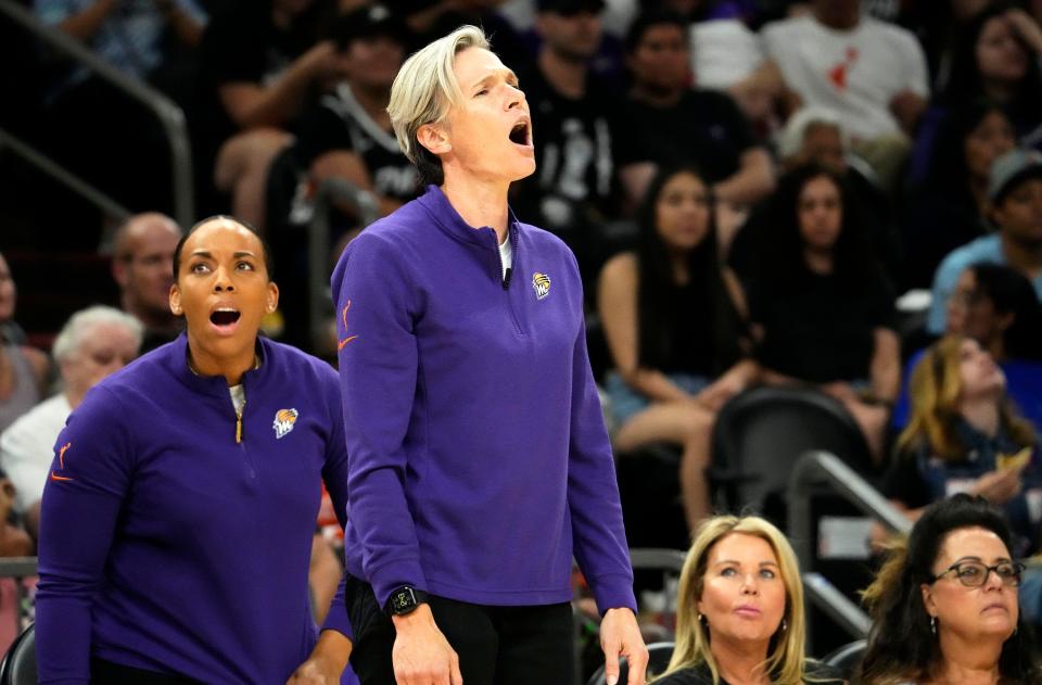 Phoenix Mercury head coach Vanessa Nygaard reacts to a foul during action against the Las Vegas Aces in the first half at Footprint Center in Phoenix on June 21, 2023.