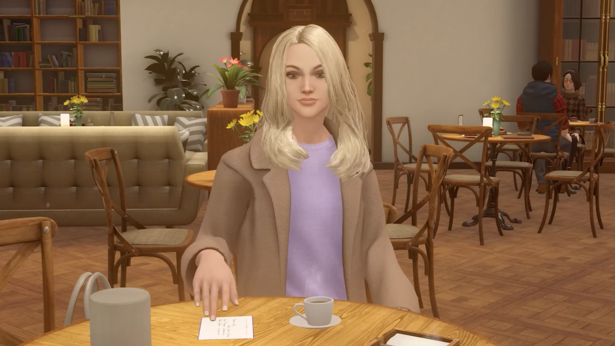  Blonde woman passes a note from across the table in a screenshot from Nancy Drew: Mystery of the Seven Keys. 