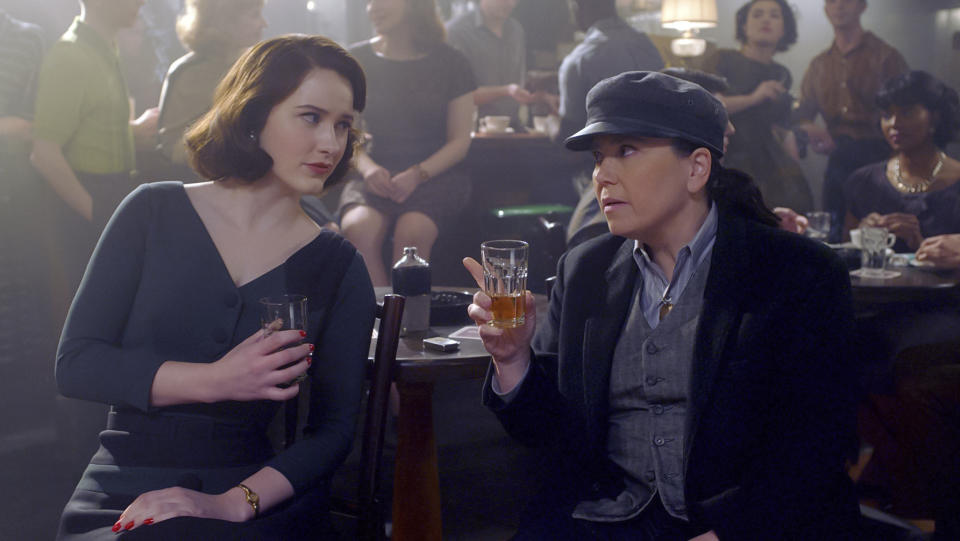 This image released by Amazon Studios shows Rachel Brosnahan, left, and Alex Borstein in a scene from "The Marvelous Mrs. Maisel." Brosnahan was nominated for an Emmy Award for best lead actress in a comedy series. (Amazon Studios via AP)