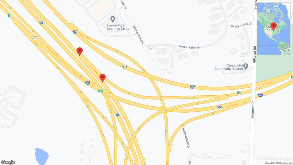 A detailed map that shows the affected road due to 'Broken down vehicle on northbound I-40/US-71 in Kansas City' on January 3rd at 7:19 p.m.