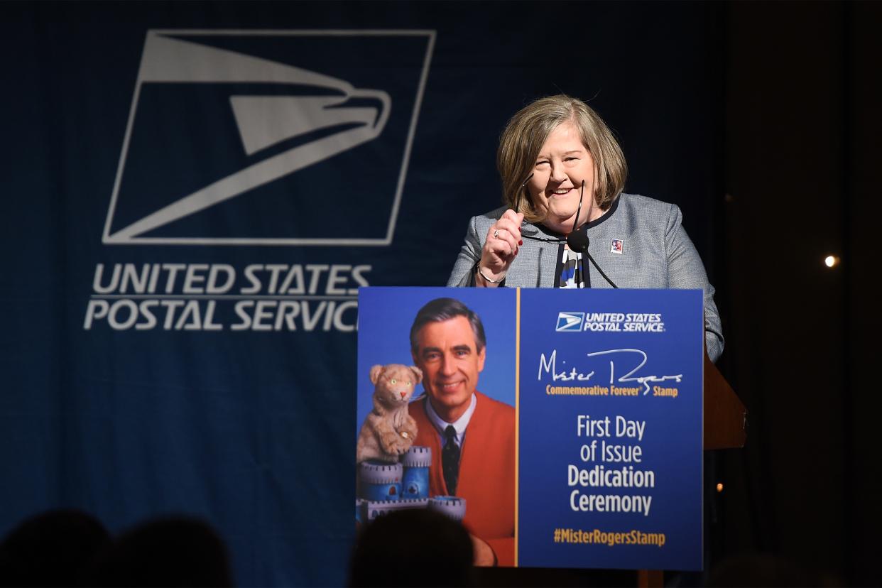  Post Master Megan J. Brennan attends the U.S. Postal Service Dedication of the Mister Rogers Forever Stamp