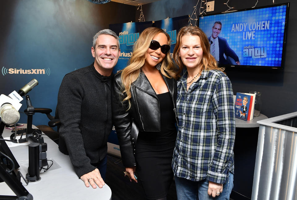 NEW YORK, NY - NOVEMBER 14: (EXCLUSIVE COVERAGE) Singer Mariah Carey (C) poses with hosts Andy Cohen and Sandra Bernhard at Radio Andy at SiriusXM Studios on November 14, 2018 in New York City.  (Photo by Slaven Vlasic/Getty Images for Sirius XM)