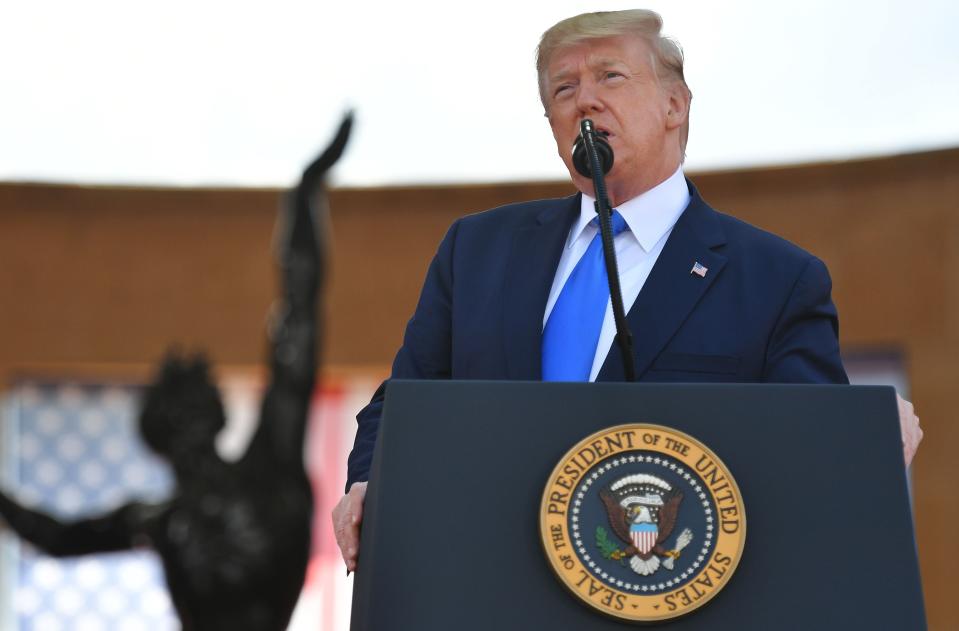 President Trump delivers a speech on the 75th anniversary of D-Day at the Normandy American Cemetery and Memorial in Colleville-sur-Mer, Normandy.