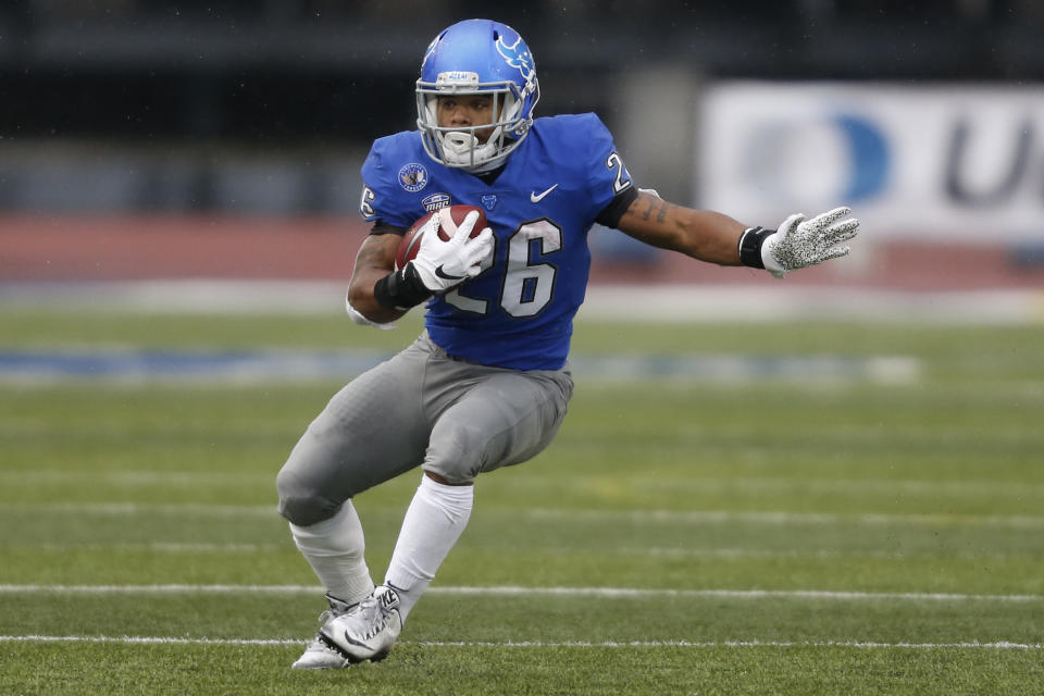 Buffalo running back Jaret Patterson carries the ball during the first half of the team's NCAA college football game against Akron in Amherst, N.Y., Saturday Dec. 12, 2020. (AP Photo/Jeffrey T. Barnes)