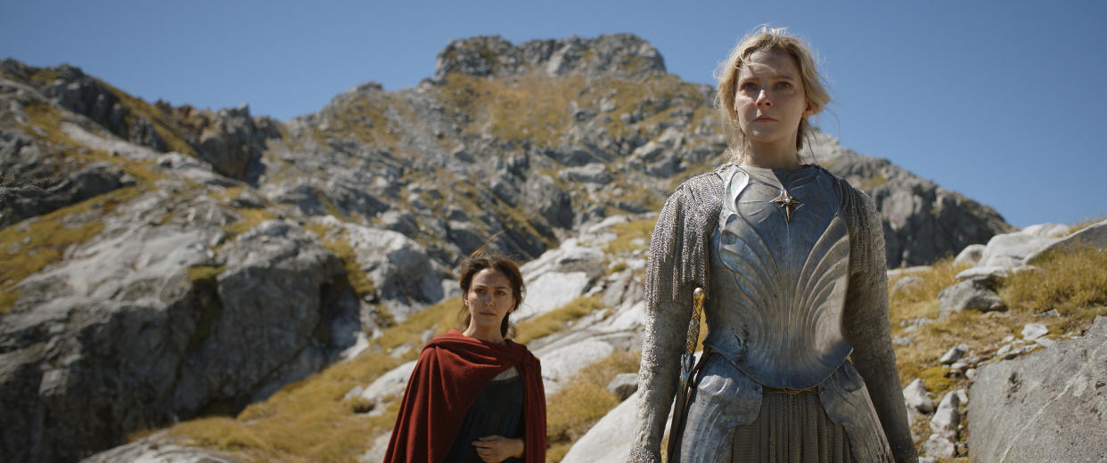 Nazanin Boniadi (Bronwyn), Morfydd Clark (Galadriel) in The Lord of the Rings: The Rings of Power (Prime Video)