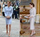 <p>From the Peter Pan collar to the belted waist, the pale blue Catherine Walker outfit Kate Middleton wore for a visit to the Netherlands looks strikingly similar to what Angelina Jolie wore during her visit to Buckingham Palace.</p>