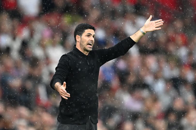 Mikel Arteta, Manager of Arsenal, reacts during the Premier League match between Manchester United and Arsenal FC at Old Trafford on May 12, 2024 in Manchester, England.