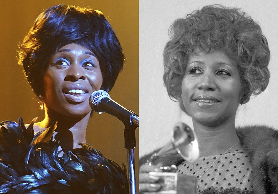 In this combination photo, actress Cynthia Erivo portrays Aretha Franklin in the National Geographic miniseries "Genius: Aretha," left, and Aretha Franklin holds her Grammy Award for Best Rhythm and Blue performance of the song "Bridge Over Troubled Waters," in New York on March 13, 1972. (AP Photo/Dave Pickoff, File)