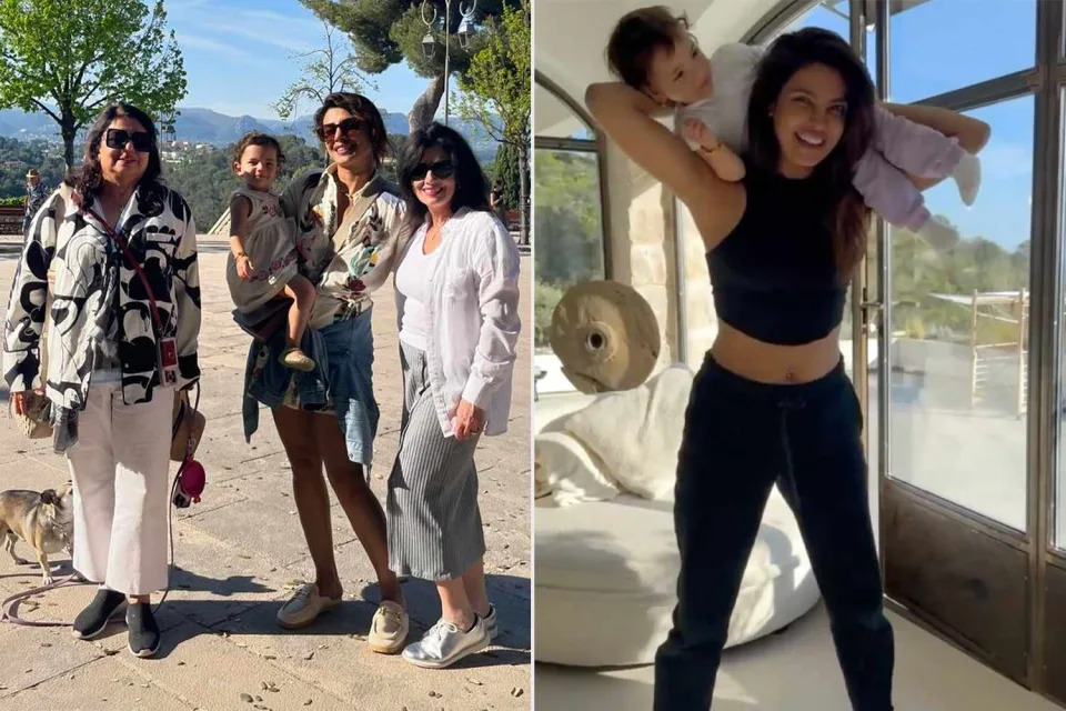 <p>Priyanka Chopra/Instagram; Nick Jonas/Instagram</p> Priyanka Chopra Jonas with daughter Malti, mom Madhu Chopra, and mother-in-law Denise Jonas (left), Priyanka Chopra Jonas working out with daughter Malti 