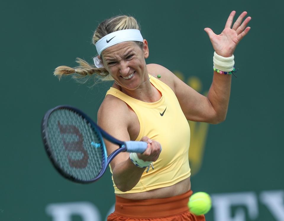 Victoria Azarenka hits a shot during her loss to Karolina Muchova during the BNP Paribas Open in Indian Wells, Calif., March 11, 2023.