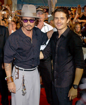 Johnny Depp and Orlando Bloom at the Disneyland premiere of Walt Disney Pictures' Pirates of the Caribbean: Dead Man's Chest