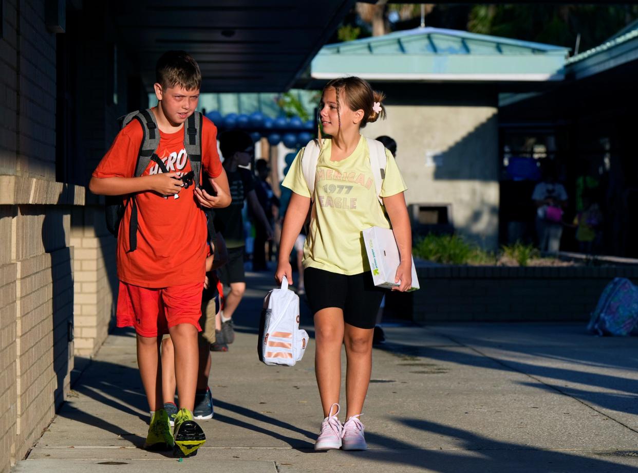 Students head to classes during the first day back to school at Horizon Elementary in Port Orange, Monday, Aug. 14, 2023. With recent heat index values around 110 degrees, physical education classes moved indoors.