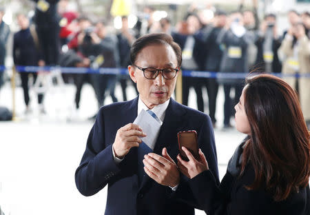 South Korea's former president Lee Myung-bak arrives at the prosecutors' office in Seoul, South Korea, March 14, 2018. REUTERS/Kim Hong-Ji/Pool