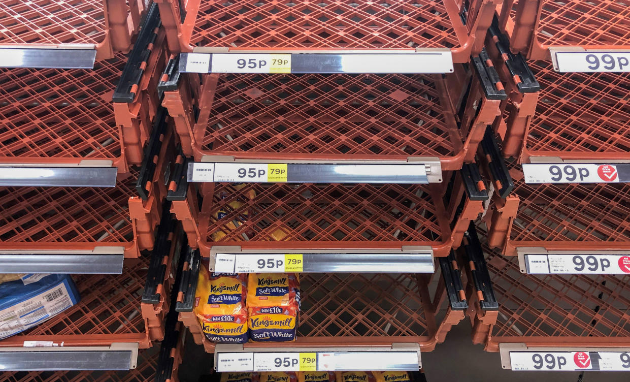 Bare shelves at a Tesco superstore in Cambridge, ahead of a national lockdown for England from Thursday. (Photo by Joe Giddens/PA Images via Getty Images)