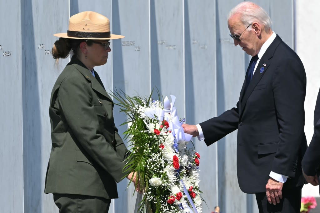 Biden attended a wreath-laying ceremony at the Flight 93 National Memorial as part of the nation’s ceremonies for the 23rd anniversary of the 9/11 attacks. AFP via Getty Images