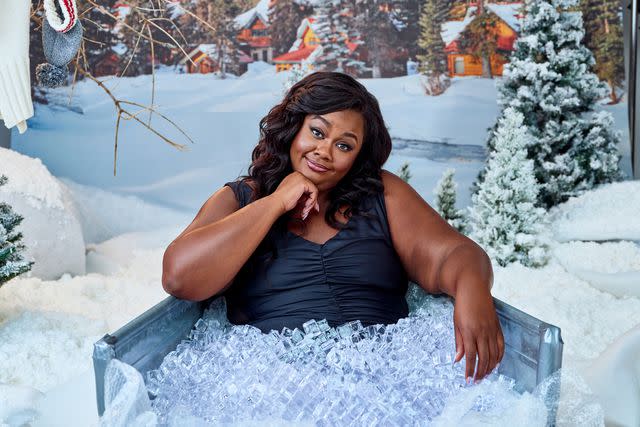 <p>Destination Canada/Markian Lozowchuk</p> A still from the cold plunge segment of Canadian Crash Course featuring Nicole Byer.