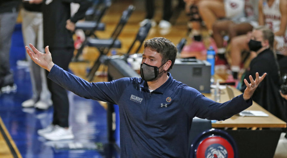 Belmont coach Bart Brooks reacts to a non-call on Indiana during the first half of a college basketball game in the second round of the NCAA women's tournament at Greehey Arena in San Antonio on Wednesday, March 24, 2021. (AP Photo/Ronald Cortes)