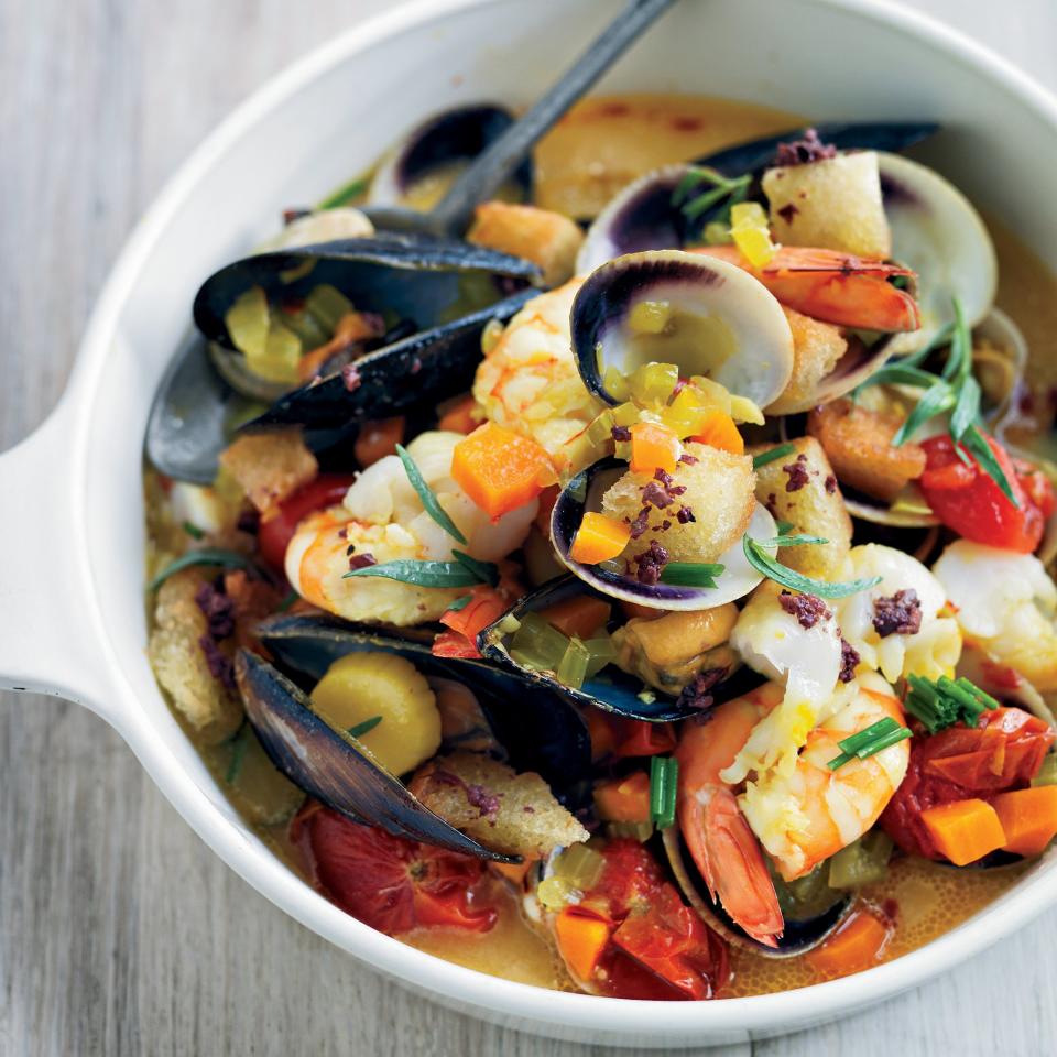 Saffron Shellfish Stew with Black Olive Croutons