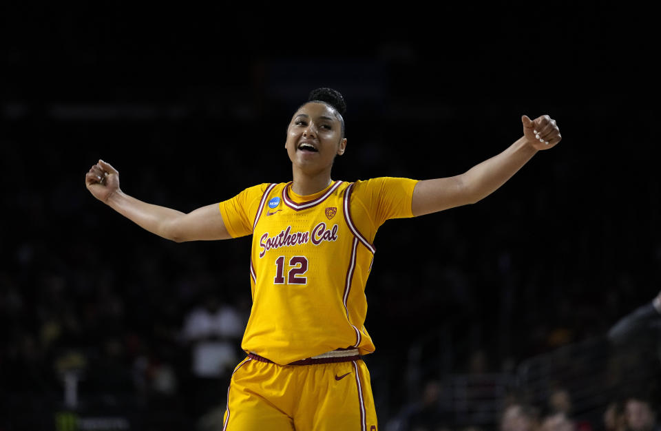 FILE - Southern California guard JuJu Watkins celebrates after a shot during a second-round college basketball game against Kansas in the women's NCAA Tournament in Los Angeles, March 25, 2024. Watkins has become a national star in women's basketball. She averaged 27.1 points to help USC to its best season in years as the Trojans reached the Elite Eight. (AP Photo/Ashley Landis, File)
