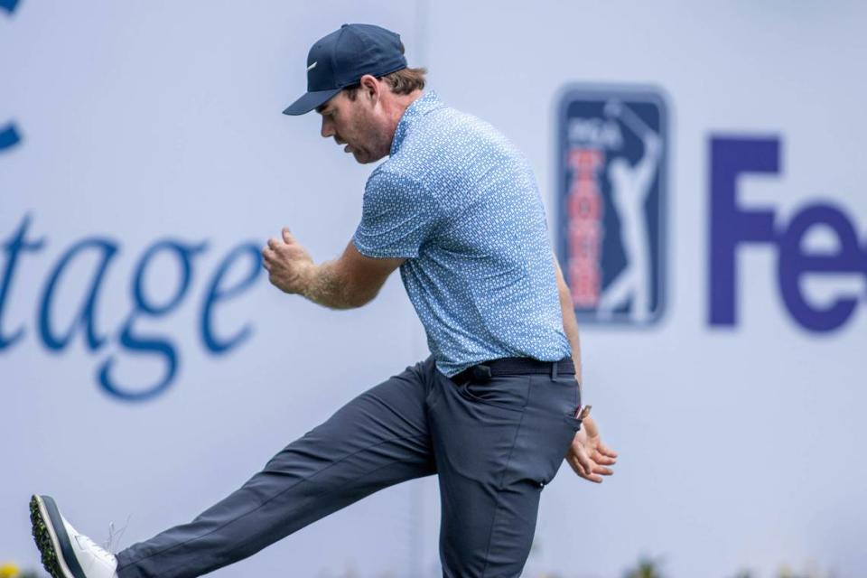 Grayson Murray kicks his bag following a poor result on the 14th tee during the first round of the RBC Heritage Presented by Boeing at Harbour Town Golf Links on Thursday, April 18, 2024 in Sea Pines on Hilton Head Island.