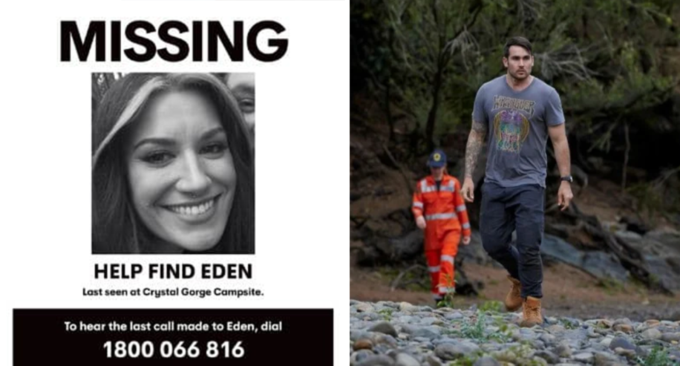 Home and Away's Eden on a missing person poster / Cash walking around the forest.