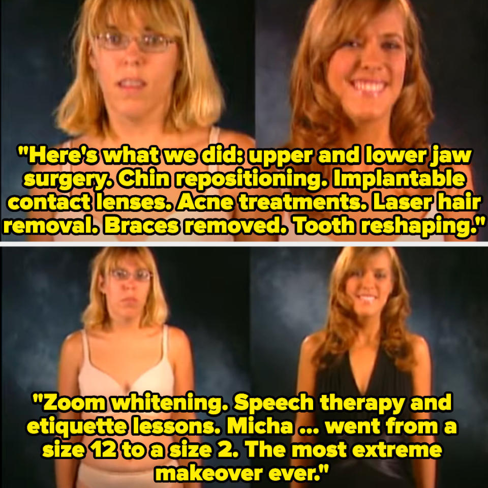 Screenshots from "Extreme Makeover" of a woman before and after