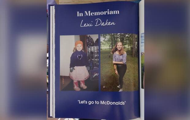 Lexi Daken would have been part of the class of 2023 at Leo Hayes High School in Fredericton but died by suicide in 2021. The 2023 Leo Hayes yearbook remembered her. (Submitted by Chris Daken)