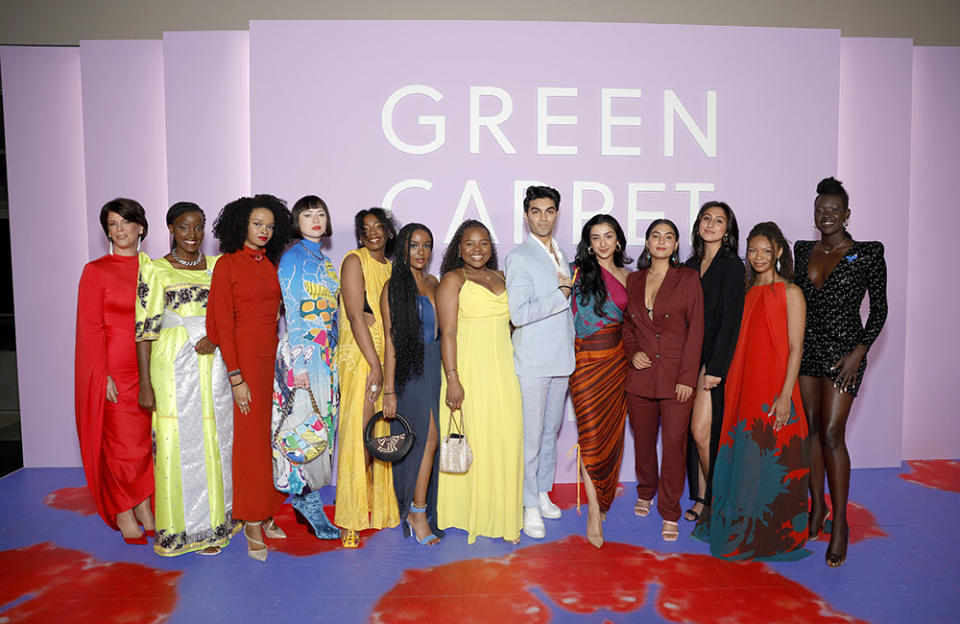 (L to R) Alexandra Palt, Vanessa Nakate, Maya Penn, Tori Tsui, Dominique Palmer, Wawa Gatheru, Vee Kativhu, Saad Amer, Aditi Mayer, Kiana Kazemi, Diandra Marizet, Leah Thomas and Mary Maker attend the Green Carpet Fashion Awards 2023 on March 09, 2023 in Los Angeles, California.