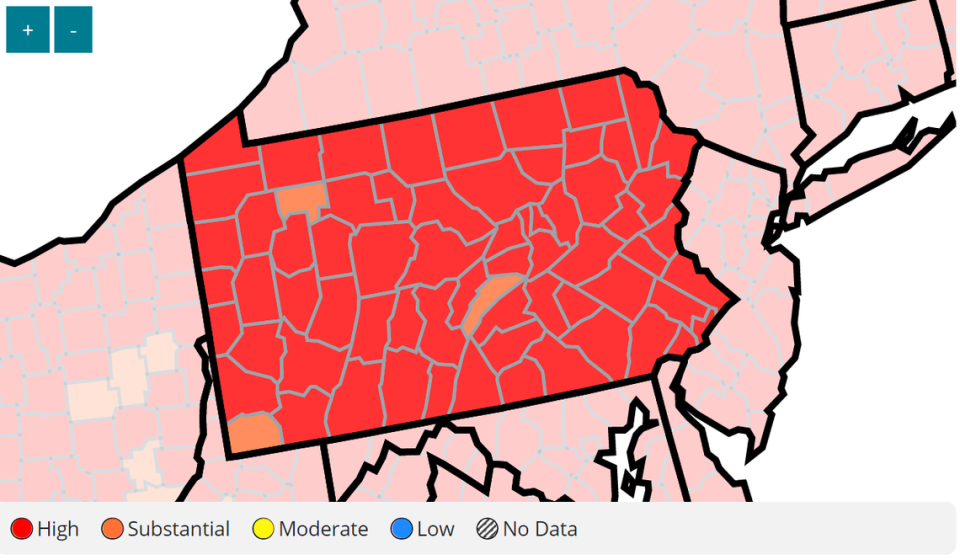 A screenshot of the community transmission for Pennsylvania, as of May 27, 2022. The CDC defines community transmission using two variables: 1.) The total number of new cases per 100,000 people within the last seven days and 2.) The percentage of positive diagnostic and screening nucleic acid amplification tests (NAAT) during the previous seven days.