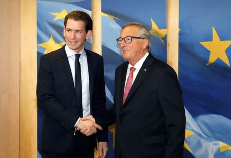 Austrian's Foreign Minister Sebastian Kurz (L) is welcomed by European Commission President Jean-Claude Juncker at the EC headquarters in Brussels, Belgium, October 19, 2017. REUTERS/Dario Pignatelli