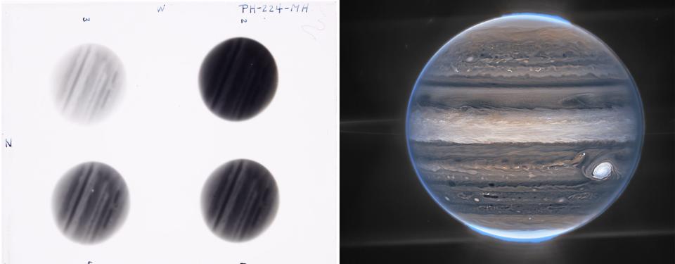 Glass plate image of Jupiter taken in 1927, left. Webb image of Jupiter taken in 2022, right.