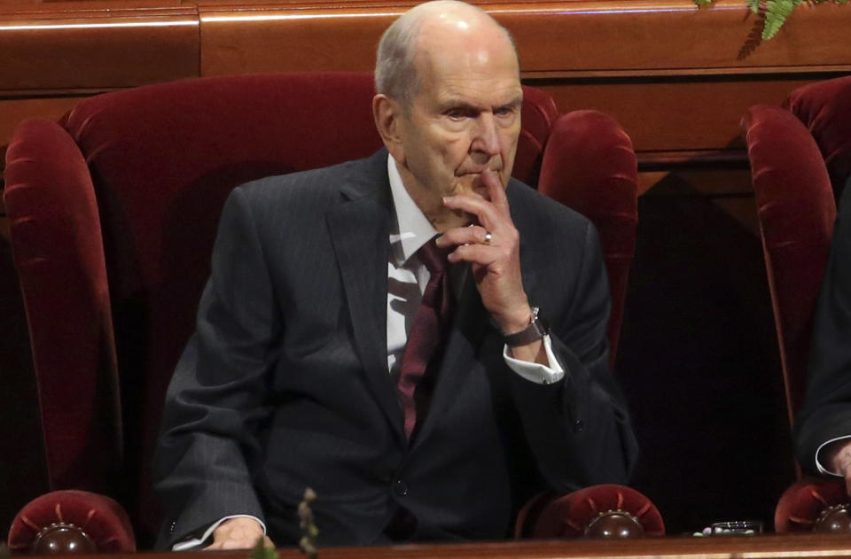 Church President Russell M. Nelson looks on during The Church of Jesus Christ of Latter-day Saints' conference Saturday, April 6, 2019, in Salt Lake City. Church members are preparing for more changes as they gather in Utah for a twice-yearly conference to hear from the faith's top leaders. (AP Photo/Rick Bowmer)