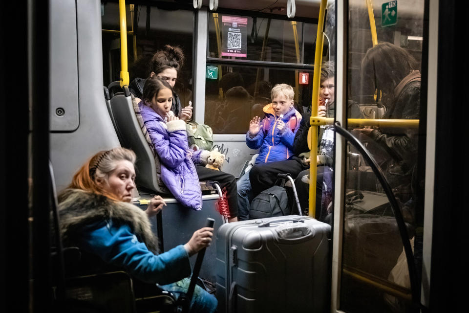 KOSMICHNYY, ZAPORIZHIA, ZAPORIZíKA OBLAST, UKRAINE - 2022/05/08: Alisa (13) and her sibling board the bus to their stay after arriving in Zaporizhia, on Sunday night. United Nations and The Red Cross has now evacuated over 300 civilians from Russia controlled Mariupol, as the last wave of Azovstal evacuees reach safety in Ukraine controlled Zaporizhia on Sunday night. 
Ukraine President Zelenskiy said on Saturday, the first phase of evacuation from MariupolÃ«s last stronghold, Azovstal have been completed. According to the United Nations, more than 11 million people are believed to have fled their homes in Ukraine since the conflict began, with 7.7 million people displaced inside their homeland. (Photo by Alex Chan Tsz Yuk/SOPA Images/LightRocket via Getty Images)