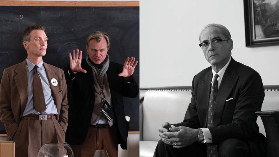 Left: Christopher Nolan (right) directs Murphy as J. Robert Oppenheimer. Right: Robert Downey Jr. plays political adversary Lewis Strauss, in a portion of the film shot in black and white.